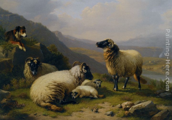 Sheep dog guarding his flock painting - Eugene Verboeckhoven Sheep dog guarding his flock art painting